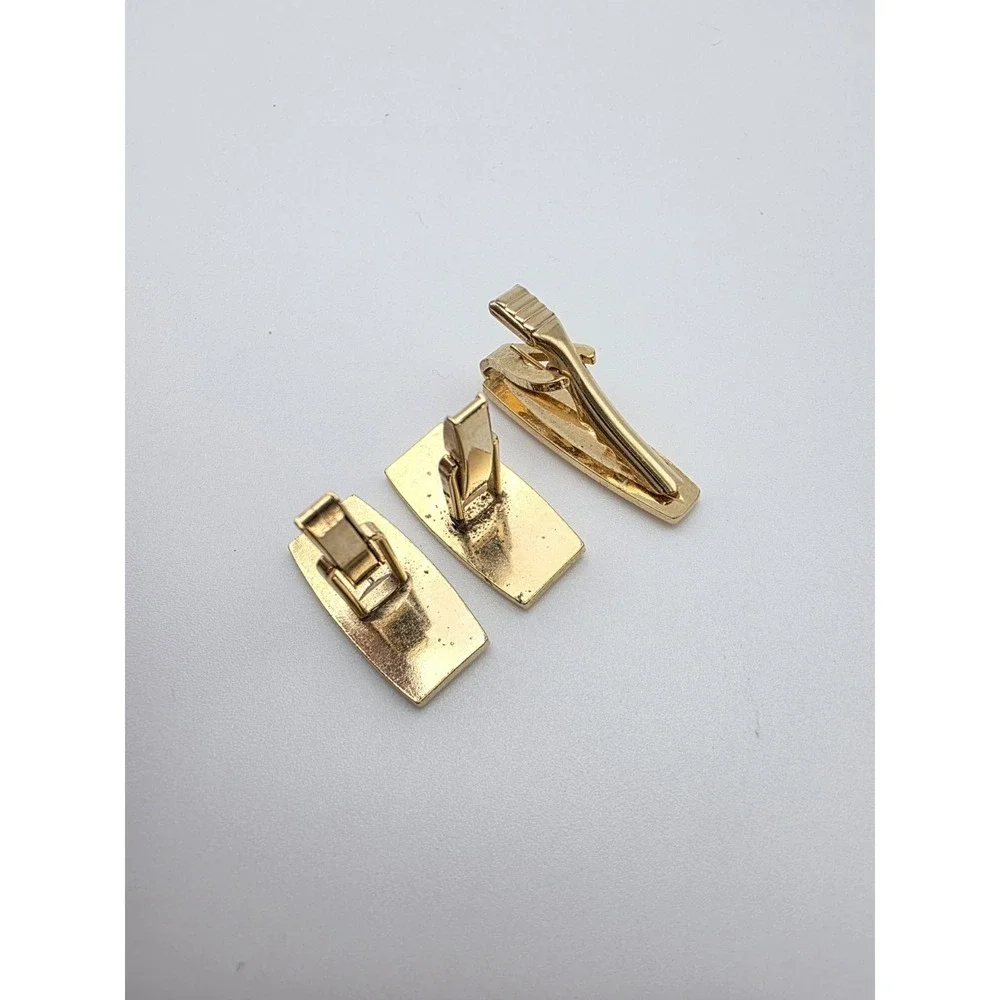 Vtg Gold Tone Cufflinks & Tie Clip Bar Clasp Set Textured Bullet Back FREE $HIP!